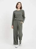 Casual Two-Piece Ribbed Polyester Set for Women | Free Size Daily Wear | Co-ord Set | Olive Green
