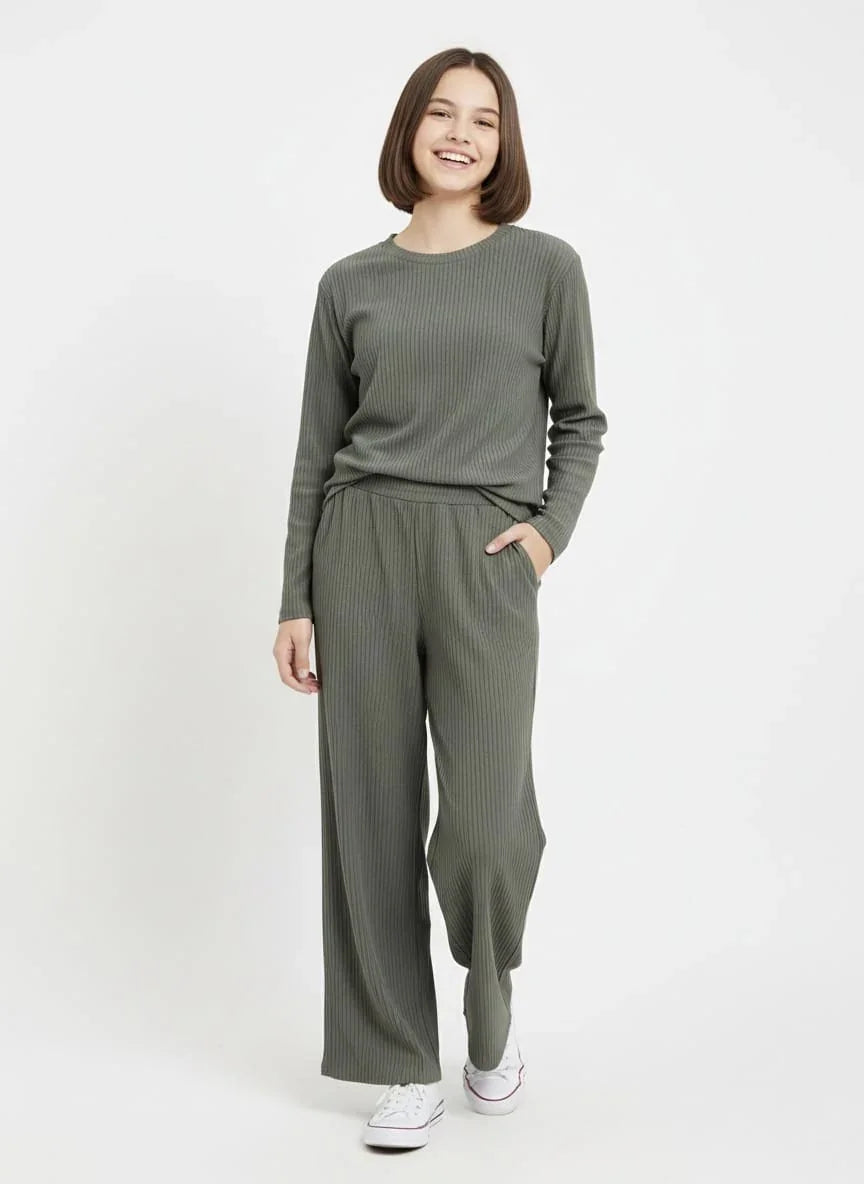 Casual Two-Piece Ribbed Polyester Set for Women | Free Size Daily Wear | Co-ord Set | Olive Green
