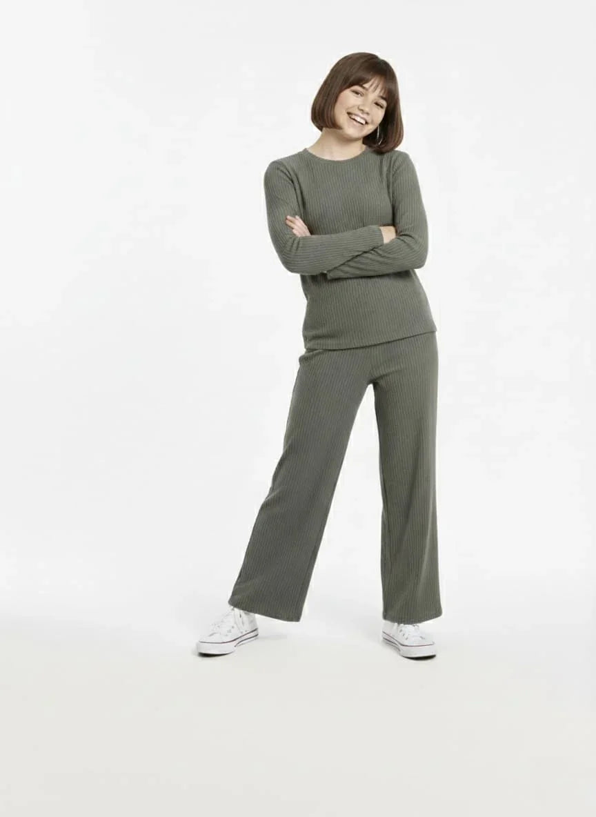 Casual Two-Piece Ribbed Polyester Set for Women | Free Size Daily Wear | Co-ord Set | Olive Green