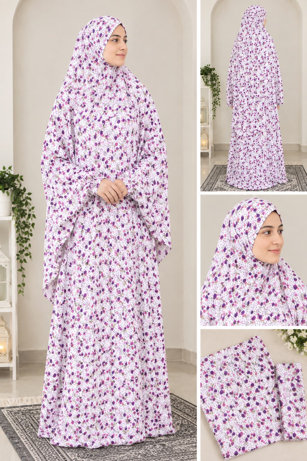 Premium Floral Printed Prayer Dress (Jilbab) with Matching Head Cover – Full Coverage Islamic Prayer Wear.
