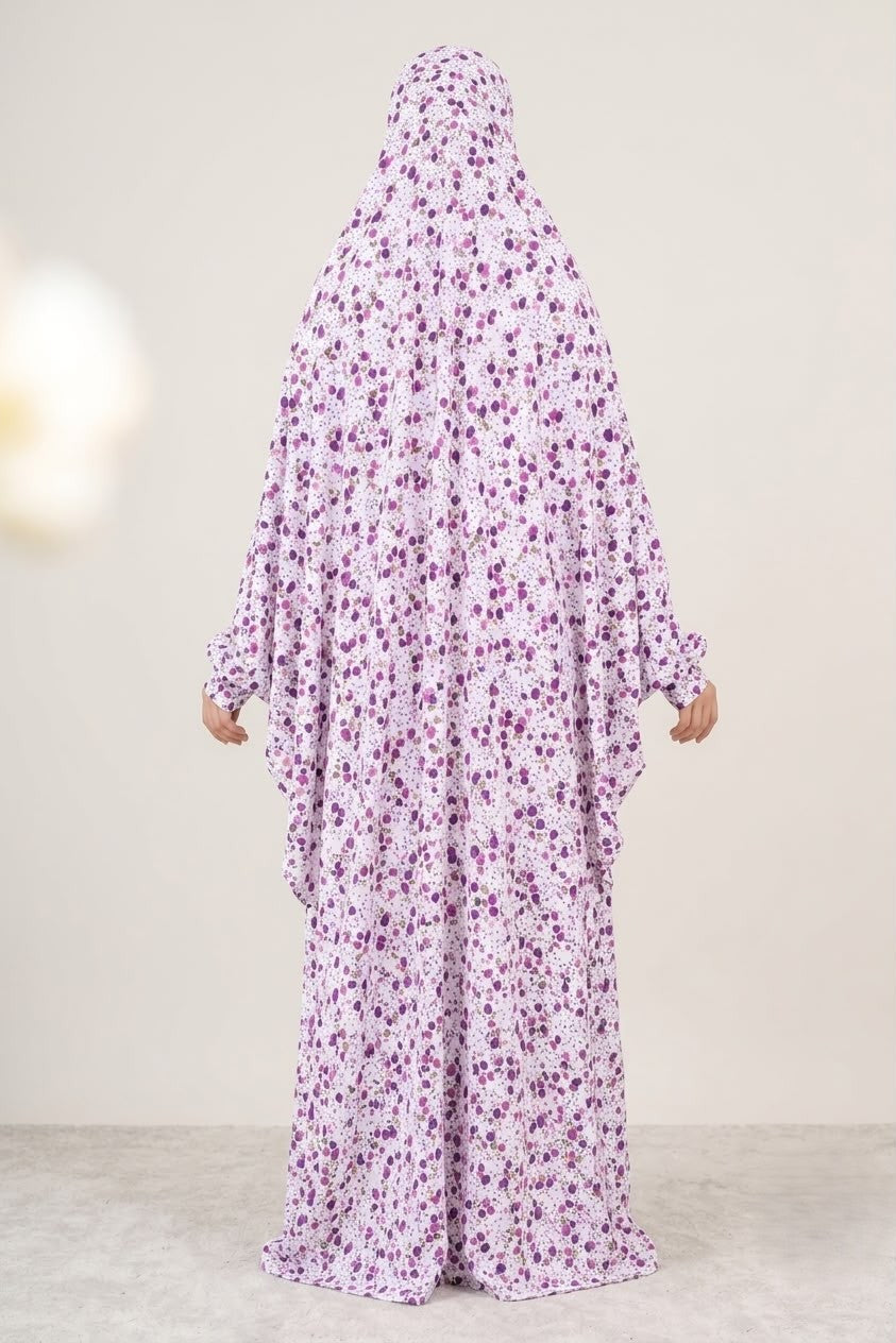 Premium Floral Printed Prayer Dress (Jilbab) with Matching Head Cover – Full Coverage Islamic Prayer Wear.