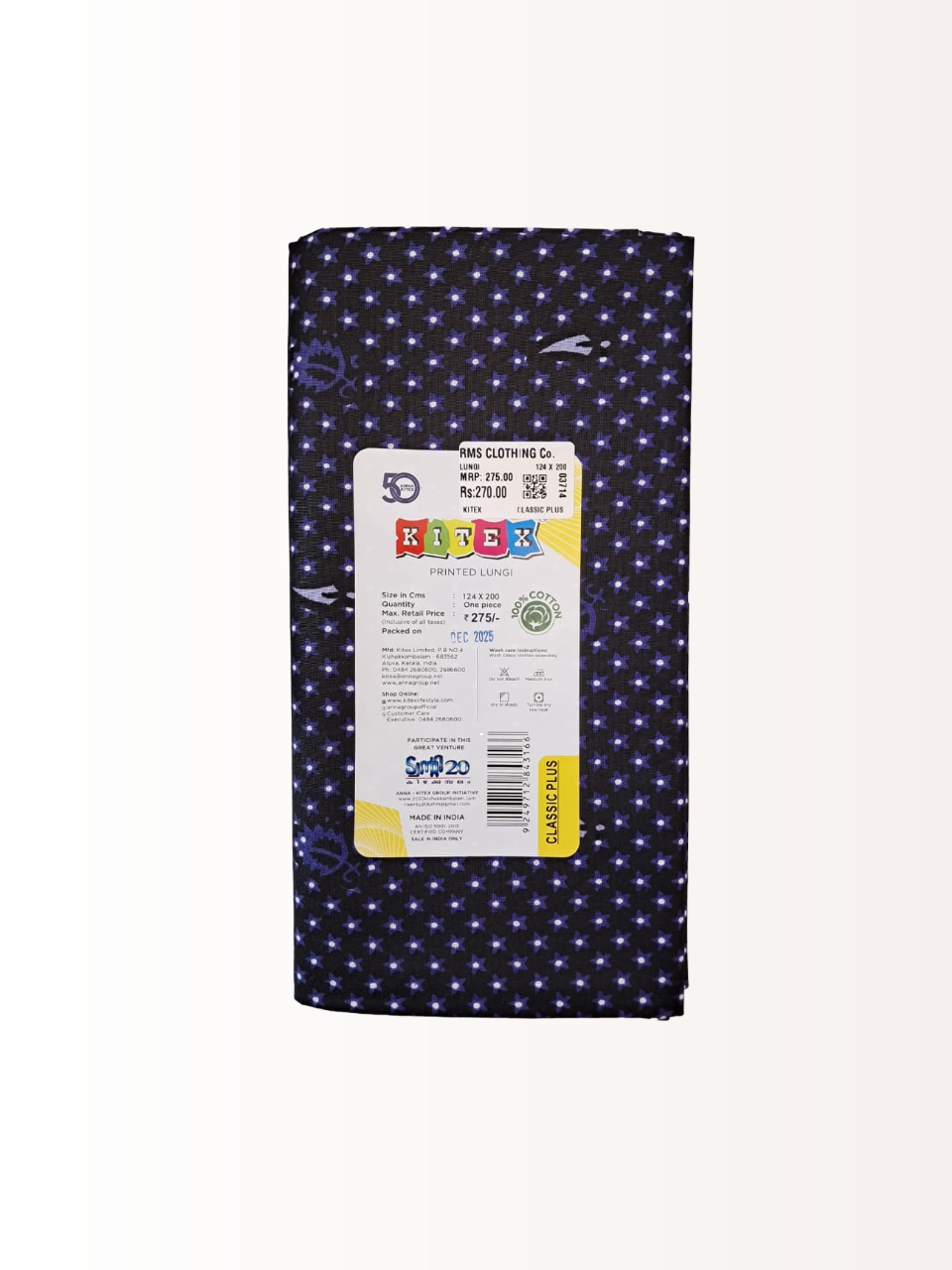 Kitex Classic Plus 100% Cotton Printed Lungi for Men - 124x200 cm